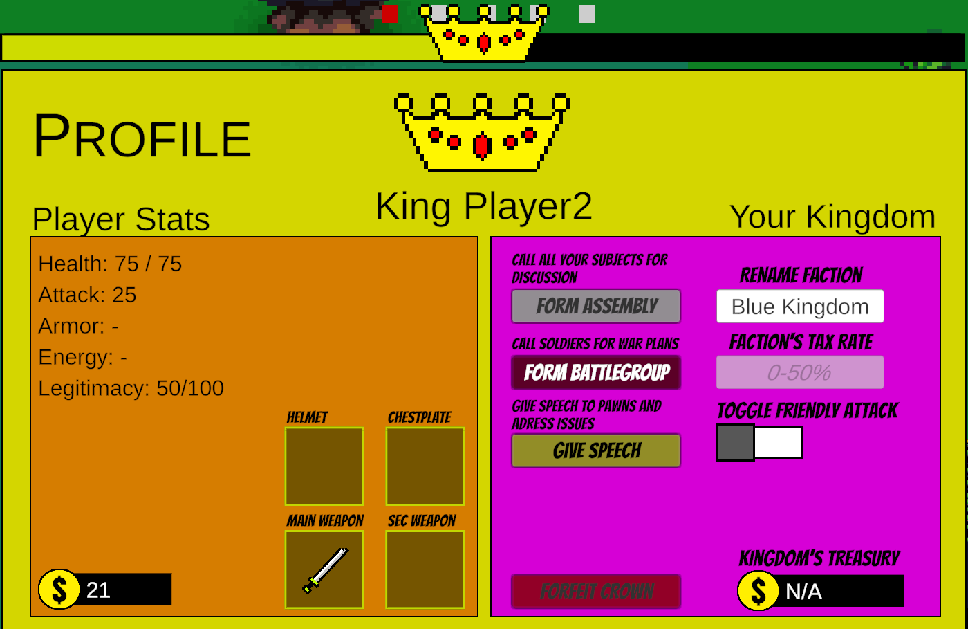 King profile panel showing Legitimacy at 50 out of 100